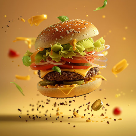 Hamburger with flying ingredients on golden background. 3d renderingの素材