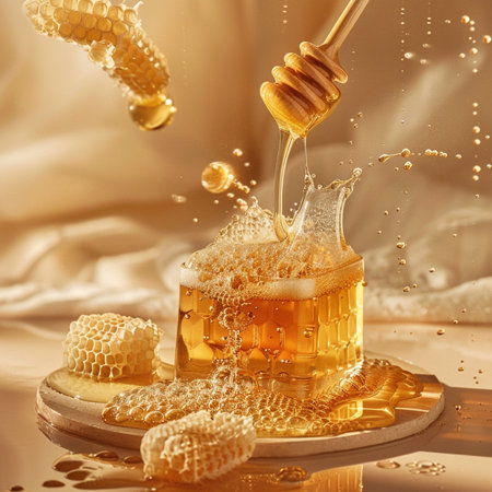 Honey pouring from a honey dipper into a glass of beerの素材