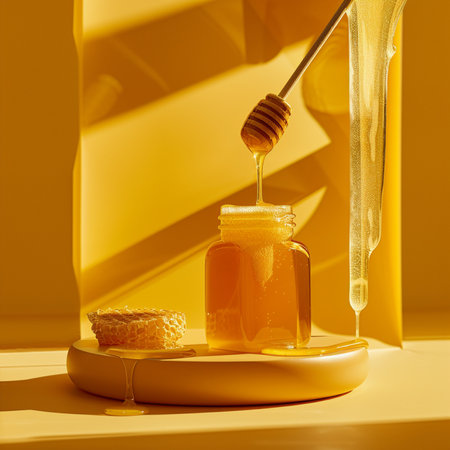 Honey dripping from a wooden honey dipper into a glass jar on a yellow backgroundの素材