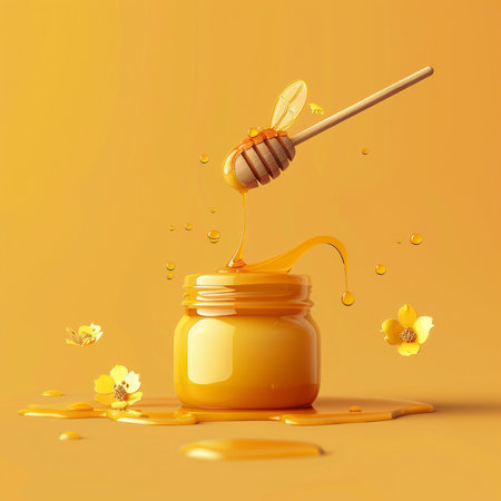 Honey dripping from a wooden honey dipper into a jar. 3d renderingの素材