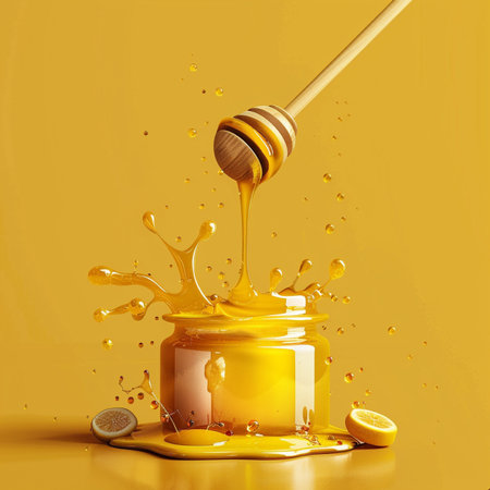 Honey dripping from a wooden honey dipper on yellow background. 3d renderingの素材