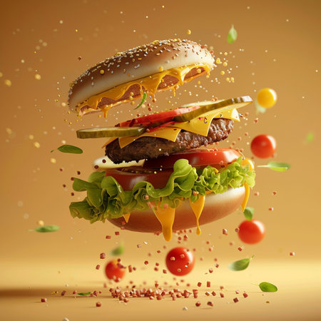 Flying hamburger with flying ingredients on yellow background. 3d renderingの素材