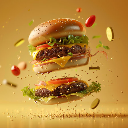 Flying hamburger with flying ingredients. Fast food concept. 3d renderingの素材
