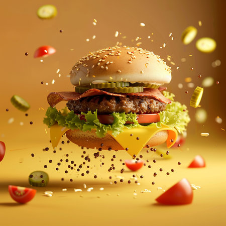 Burger with flying ingredients on a yellow background. 3d renderingの素材