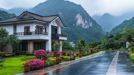 Beautiful landscape of green mountain and house in the middle of the roadの素材