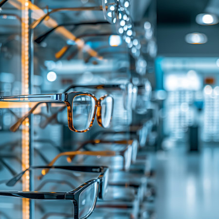 Glasses in a row on a shelf in a optics store.の素材