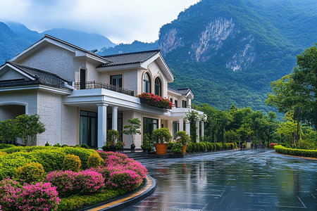 Luxury house in the garden with mountain background, Thailand.の素材