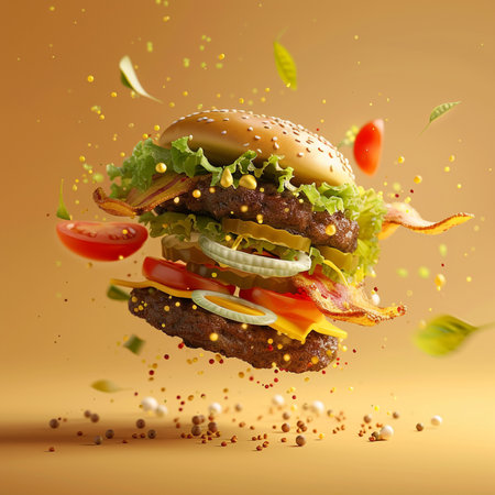 Burger with flying ingredients on a yellow background. 3d renderingの素材
