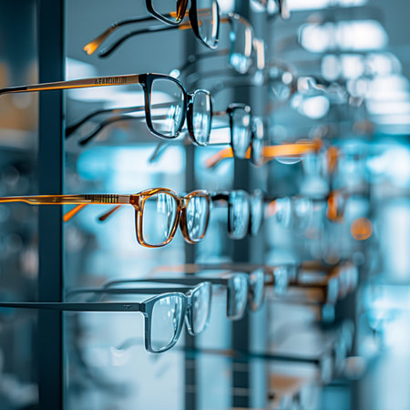 Glasses on display in a shop window. Glasses for sight and vision correction.の素材