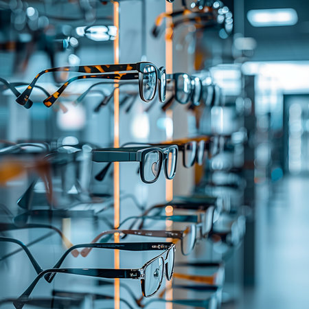 Glasses in a row in the optics store. 3d renderingの素材