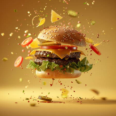 Burger with flying ingredients on a yellow background. 3d renderingの素材