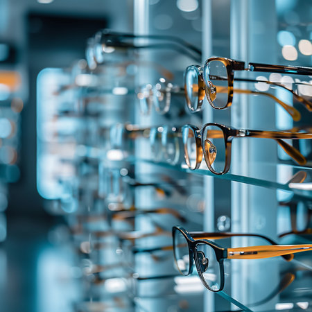 Glasses in a row in a modern optics store. 3d renderingの素材