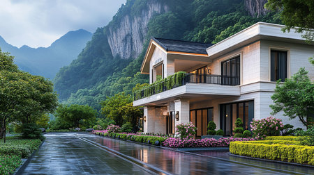 Luxury modern house in the mountains with beautiful landscaping.の素材
