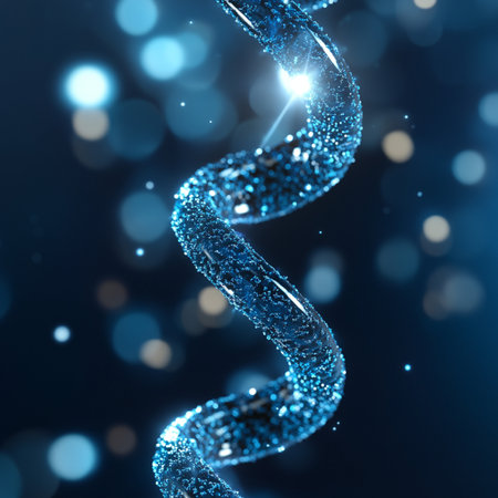 3D illustration DNA helix on blue background with bokehの素材