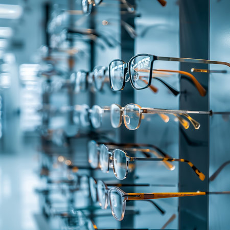 Glasses in a row on a shelf in a optics store.の素材