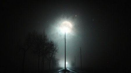Night road in the fog with moon and trees. 3d renderingの素材