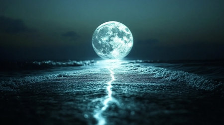3D rendering of a full moon over the sea at night.の素材