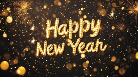 Happy New Year gold lettering on bokeh background with fireworksの素材