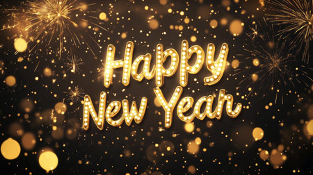Happy New Year greeting card. Golden lettering on black background with fireworks.の素材