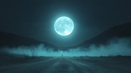 Full moon in the night sky over the road. 3d renderingの素材