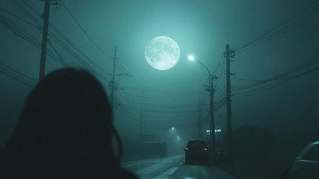Foggy road in the middle of the night with full moonの素材