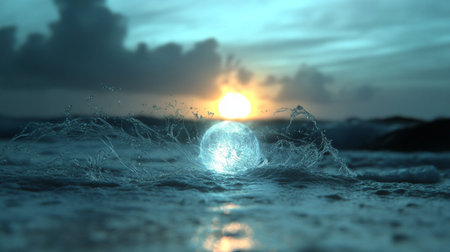 3d render of water splash on sunset background. Digital illustration.の素材