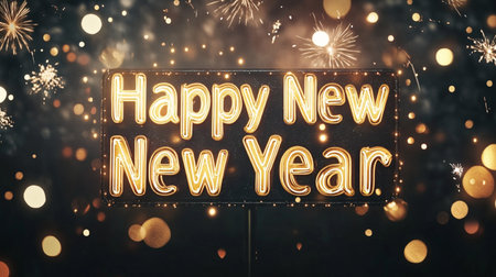 Happy New Year text with bokeh background. Happy New Year greeting card.の素材