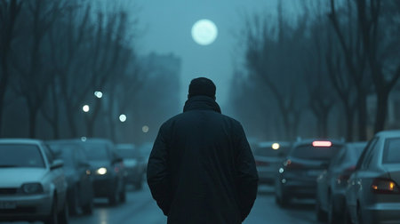 A man in a black jacket stands on the street and looks at the full moonの素材