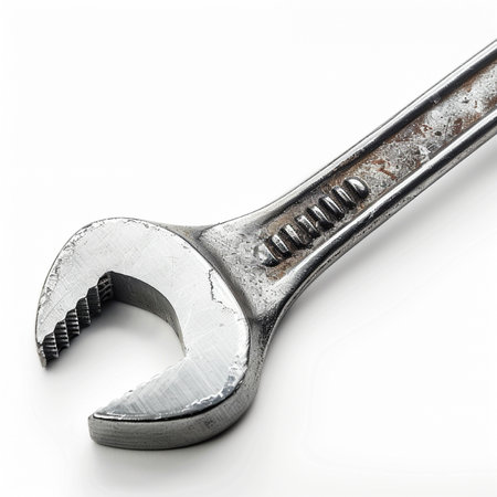 Adjustable wrench on white background. Close-up of spanner.の素材