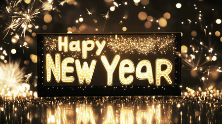 Happy New Year greeting card on bokeh background. 3D renderingの素材
