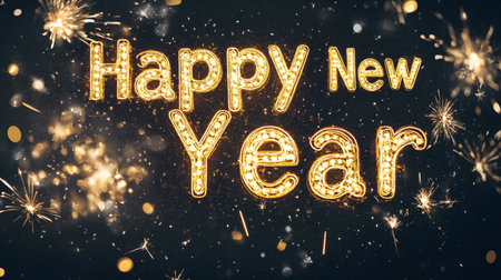 Happy New Year written with Sparkle firework and golden text on black backgroundの素材
