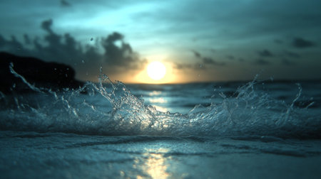 Sunset on the beach with splashes of water and waves.の素材