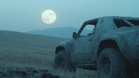 Off-road car in the steppe on the background of the moonの素材
