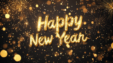 Happy New Year gold text on black background with fireworks. Vector illustration.の素材
