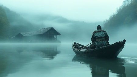 Fisherman in a boat on a foggy mountain lake.の素材