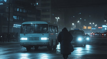 A lonely woman in a raincoat is standing by a bus on the street at night.の素材