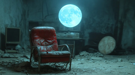 Abandoned room with red armchair and moon in the backgroundの素材