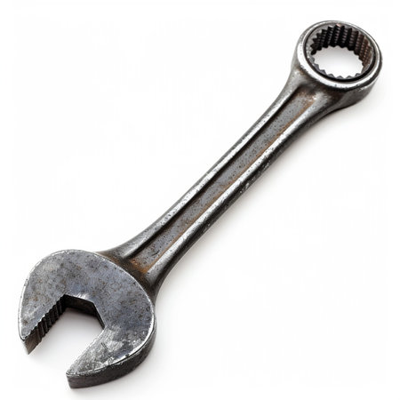 Old rusty wrench isolated on white background. Clipping path included.の素材
