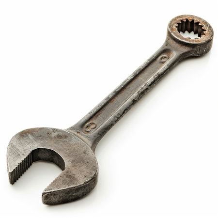 Old rusty spanner isolated on white background, clipping path included.の素材