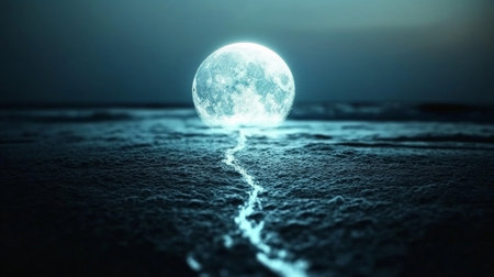 Night scene with full moon and sea. 3d render illustration.の素材