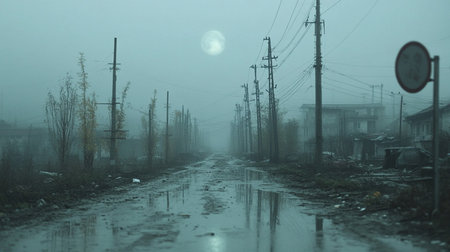 The road in the foggy morning with a lot of power linesの素材