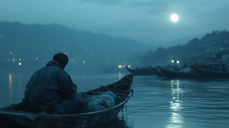 Fisherman in the boat on the river at night with full moonの素材