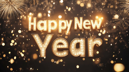Happy New Year golden text with fireworks background. 3D Renderingの素材