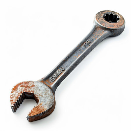 Old rusty spanner isolated on white background. 3D illustration.の素材