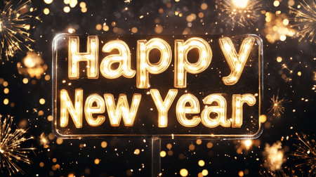 Happy New Year text on neon sign with fireworks background. 3D Renderingの素材