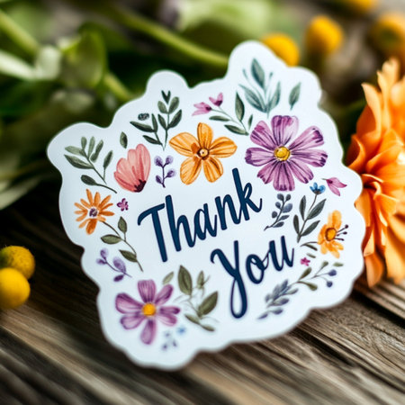 Thank you card with flowers on a wooden background. Shallow depth of field.の素材