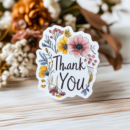 Thank you card with flowers on white wooden background. Flat lay.の素材