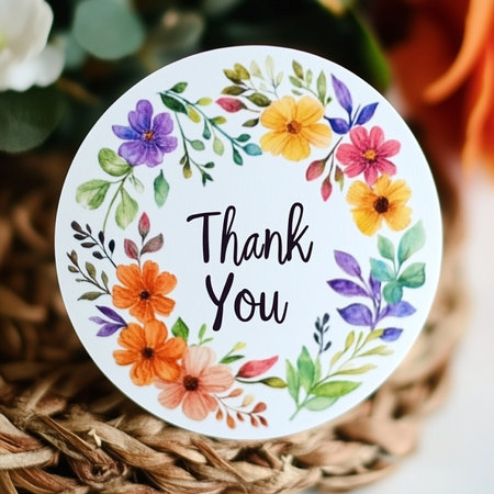 Thank you card with floral decoration on white background, closeup.の素材