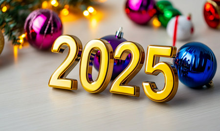 Happy New Year 2525 gold text with christmas decoration on wooden backgroundの素材