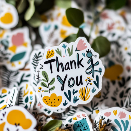 Thank you card with flowers and leaves on wooden background. Close up.の素材